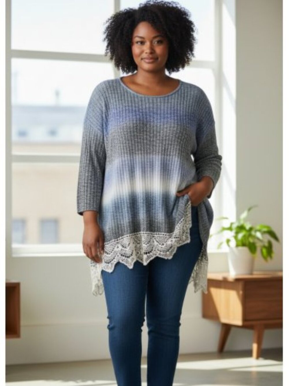 FADED GLORY Blue Ombre Knit Crochet Trim Tunic Top Ladies Plus 1X 18W 20W